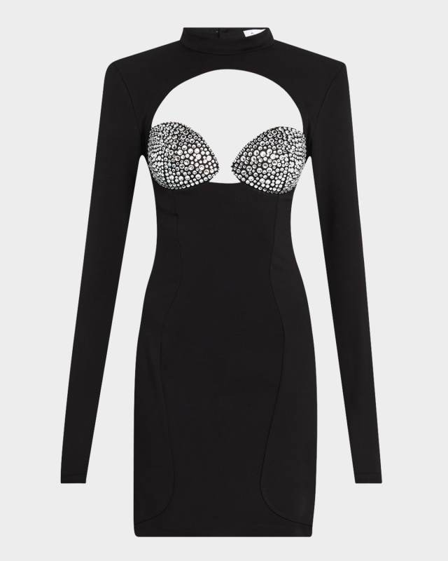 Crystal Bustier Cutout Long-Sleeve Mini Dress